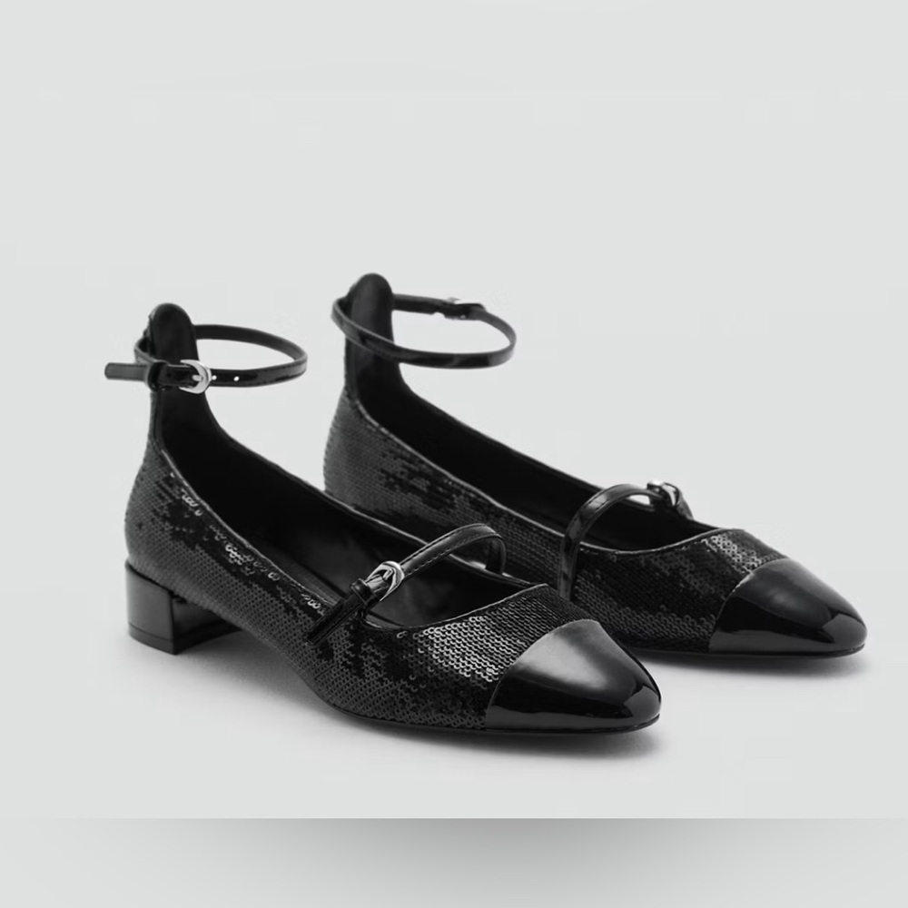 Mango Black Sequin Ankle-Strap Mary Jane Flats